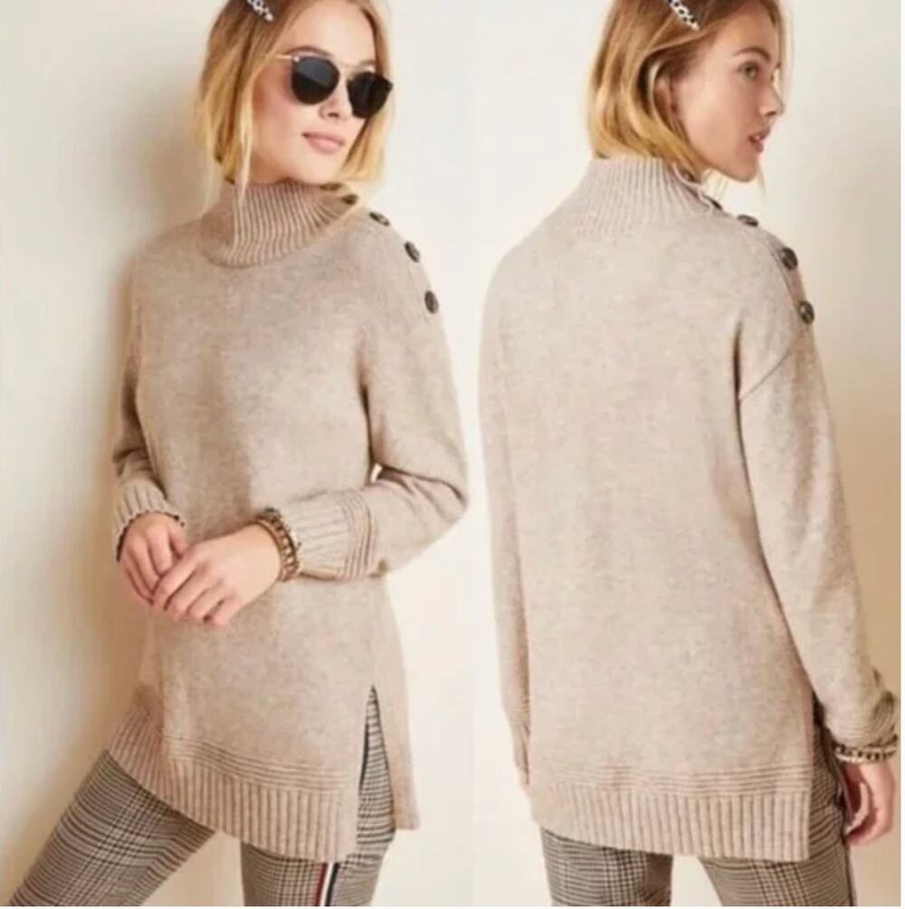 Anthropologie Margairta Tan Button Mock Neck Tunic Sweater // XS